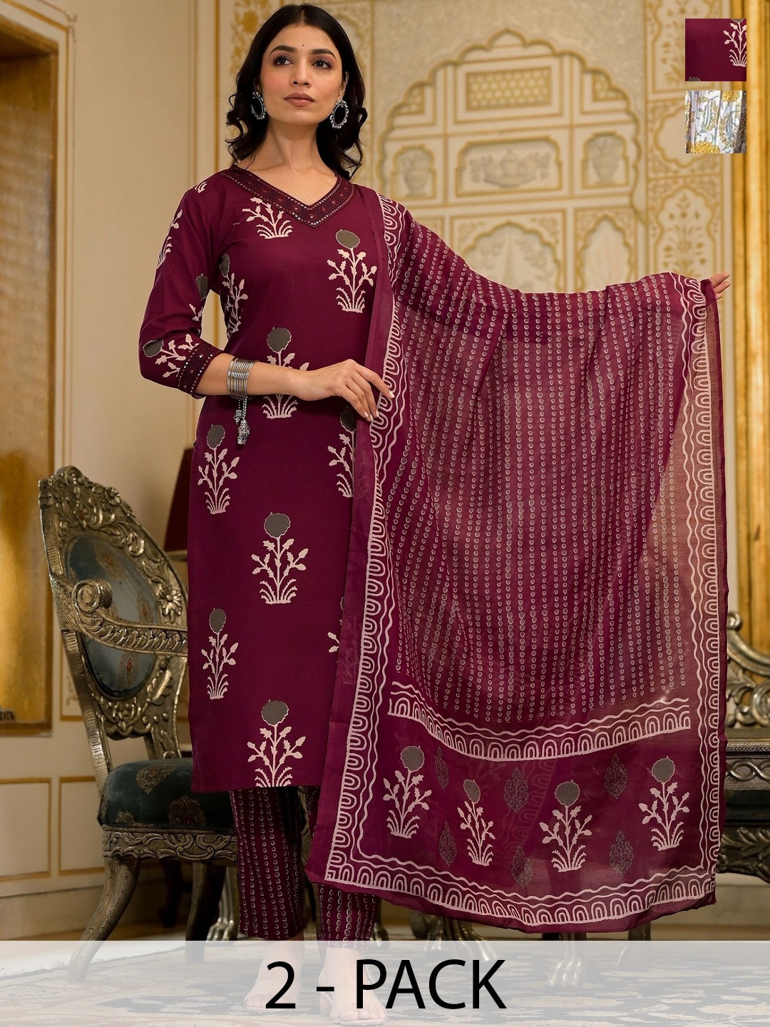 

KALINI Selection Of 2 Floral Printed V-Neck Straight Kurtas With Trousers And Dupattas, Maroon