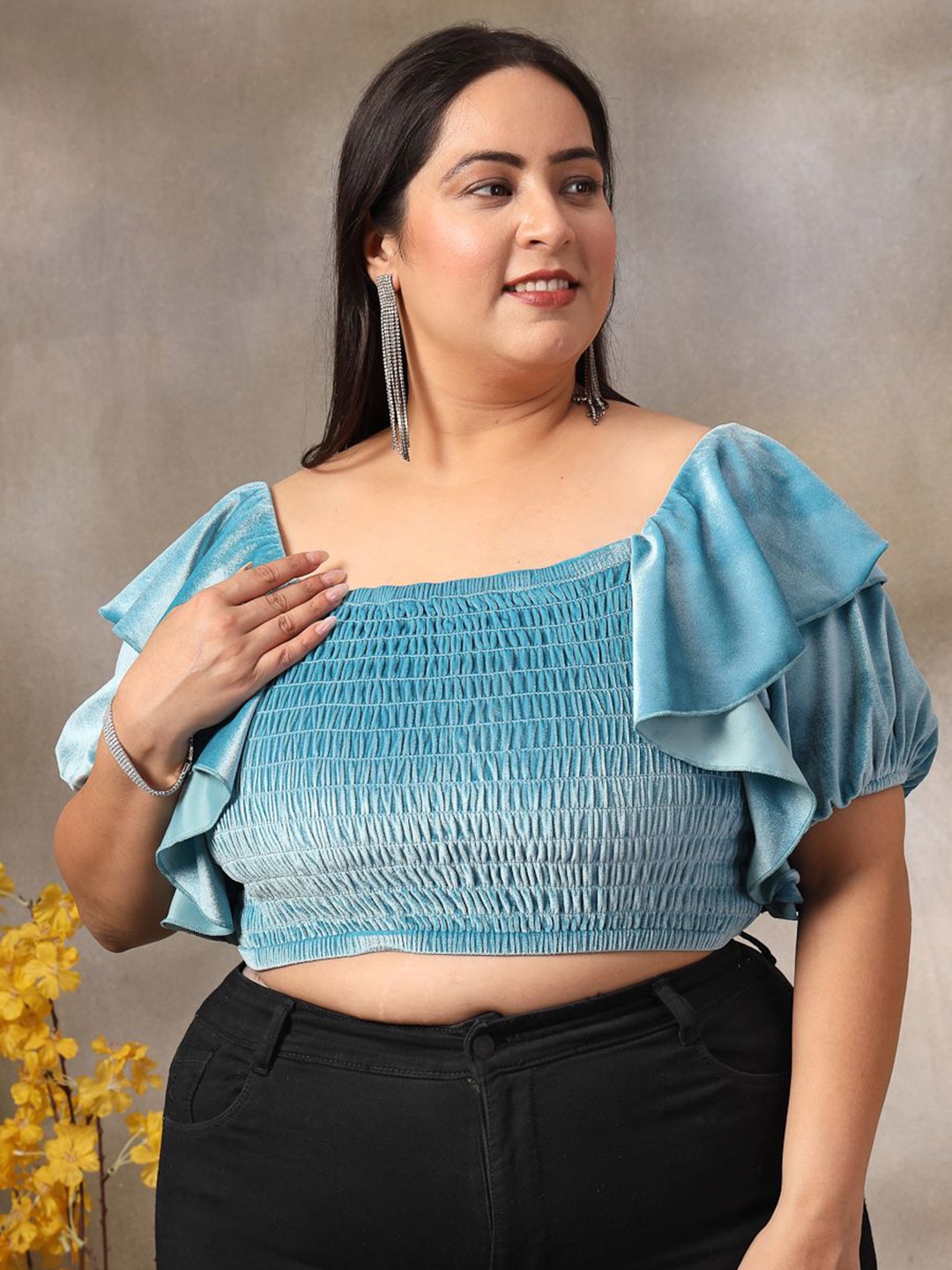 

CURVE BY KASSUALLY Women Smocked Velvet Crop Top, Blue