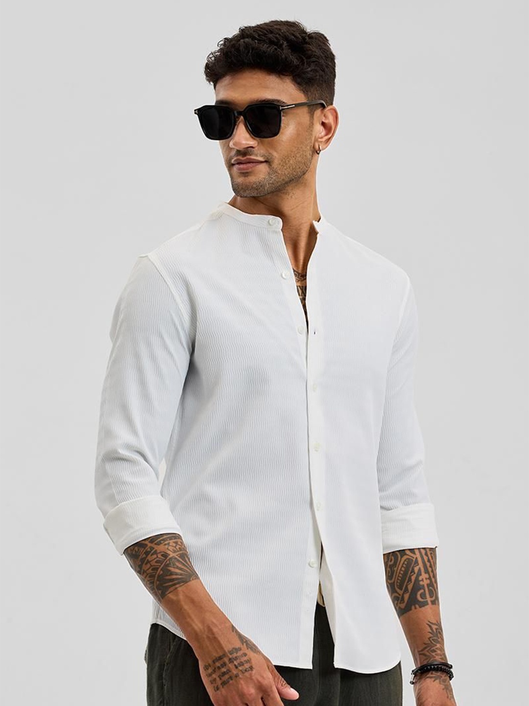 

Snitch Men Smart Slim Fit Band Collar Textured Casual Shirt, White