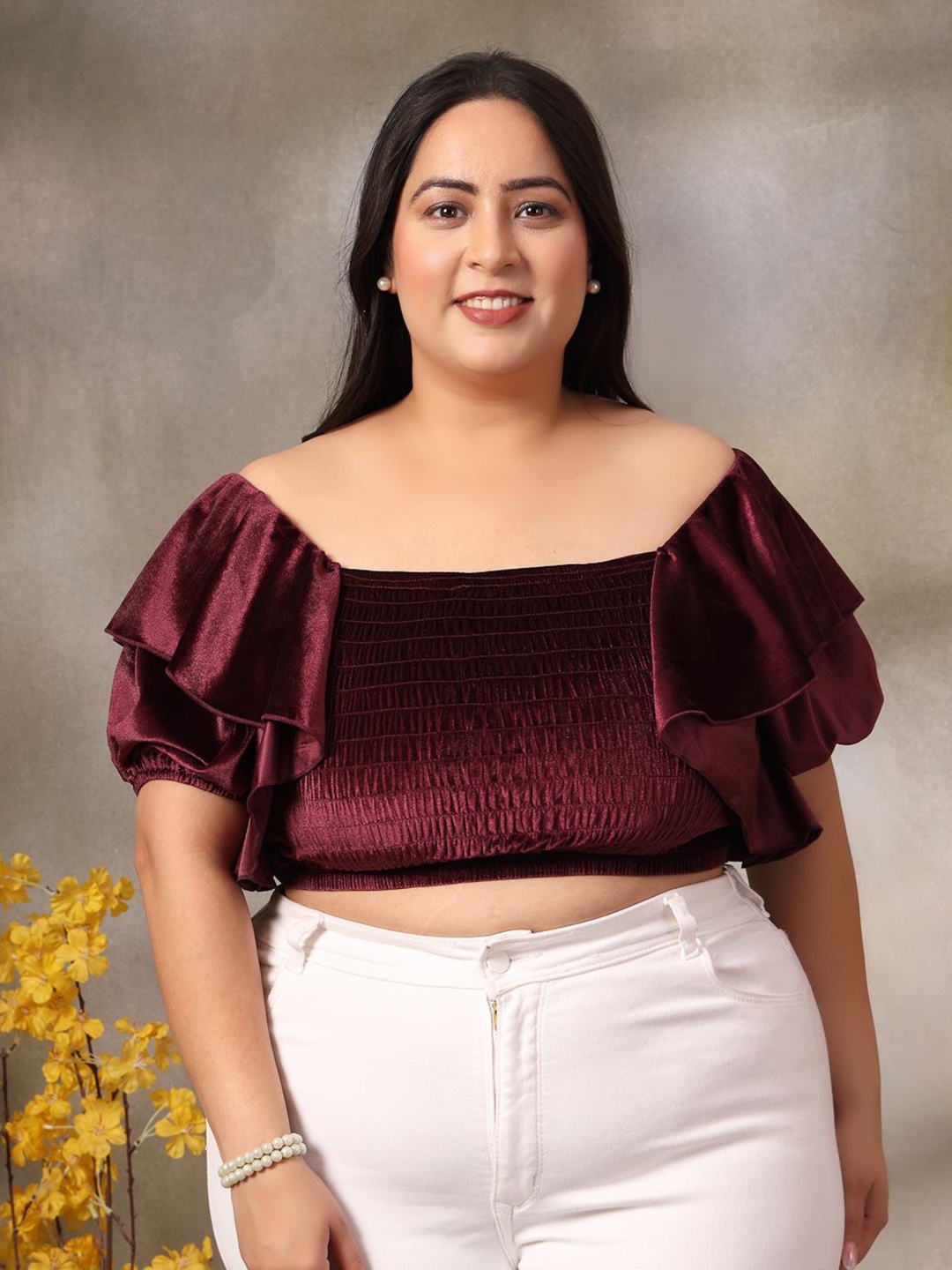 

CURVE BY KASSUALLY Women Flared Sleeve Smocked Velvet Crop Top, Maroon