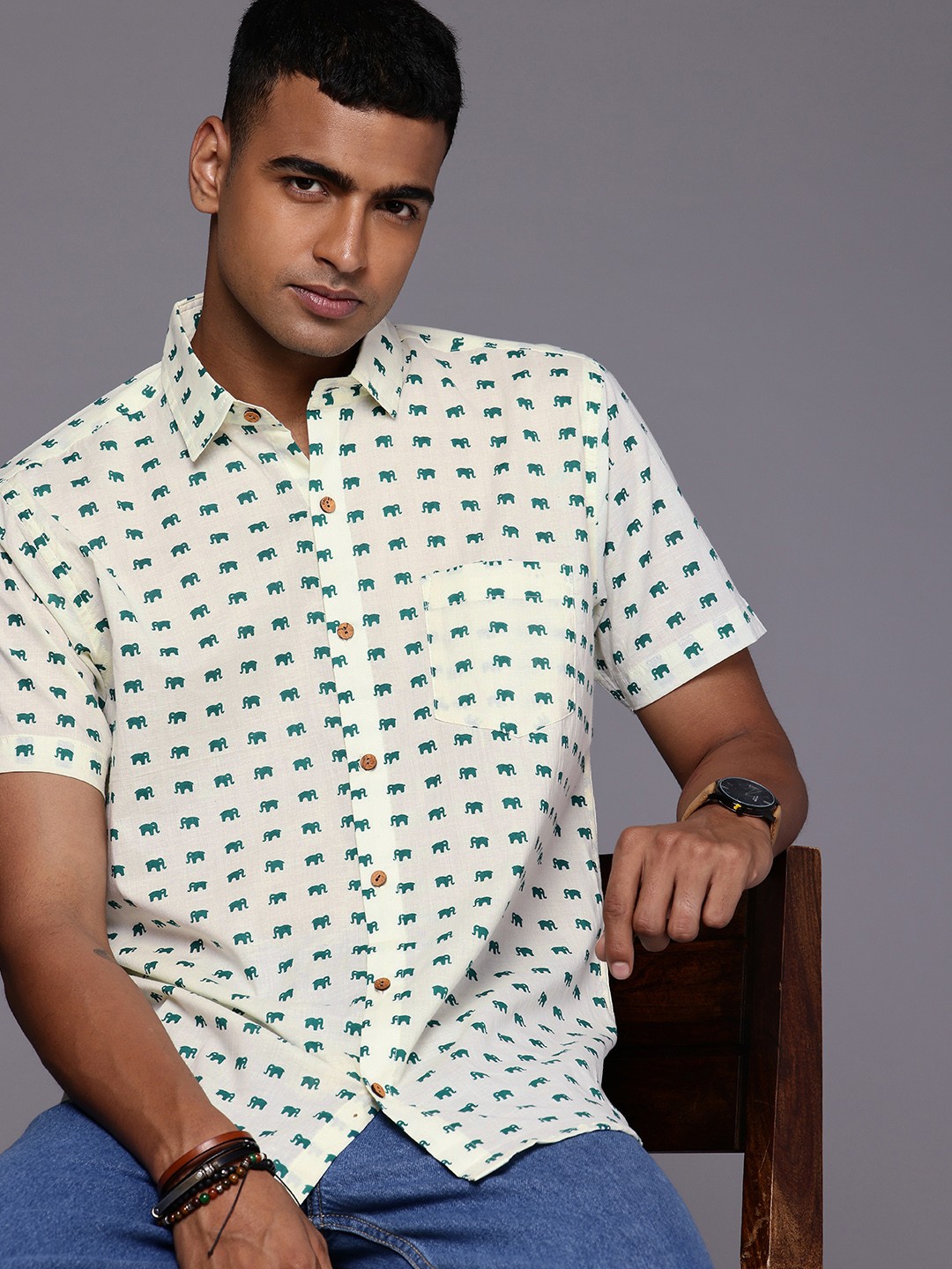 

Patrah Relaxed Elephant Printed Pure Cotton Casual Shirt, Off white
