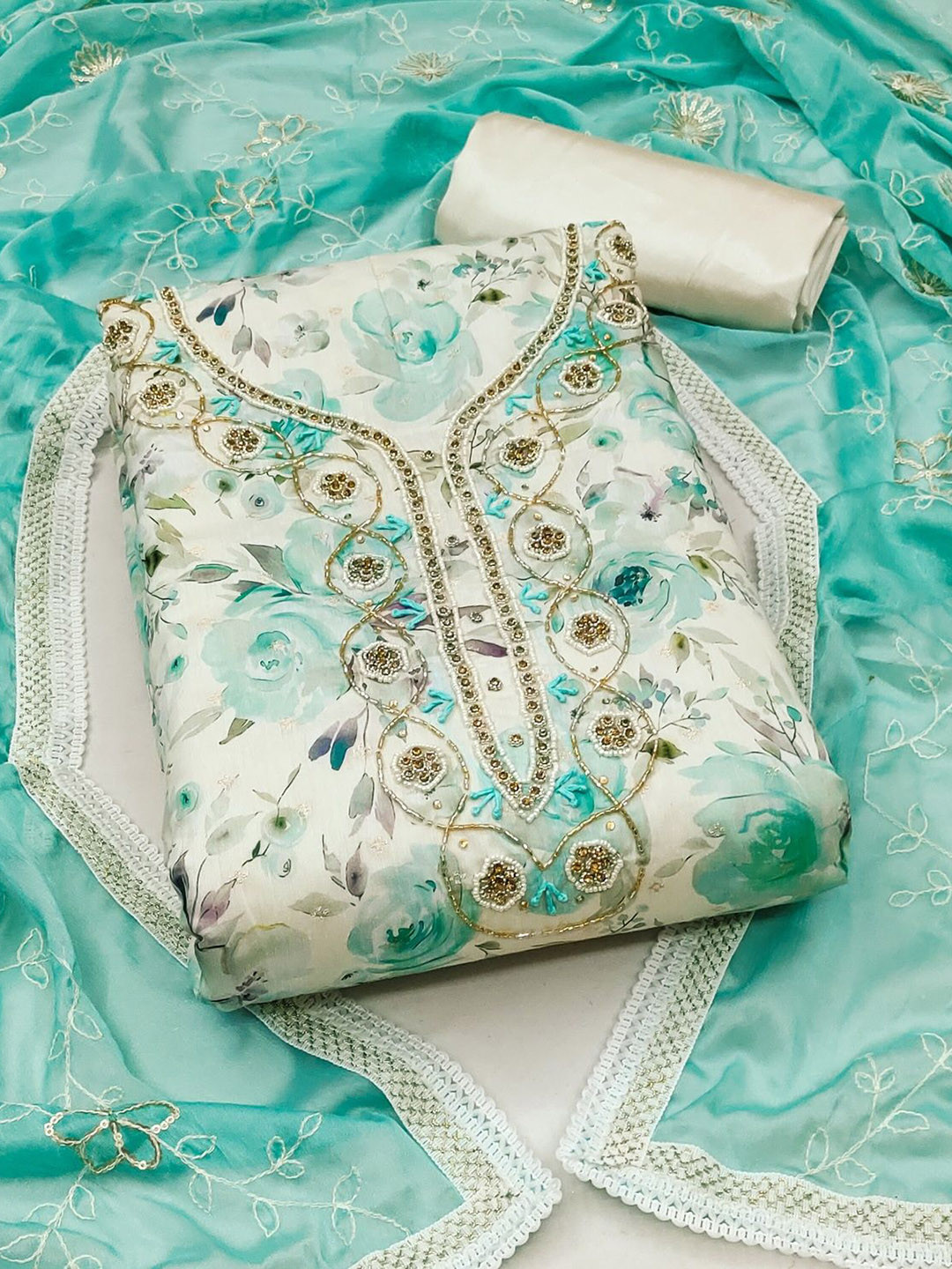 

NEGRONI Floral Printed Beads and Stones Organza Unstitched Dress Material, White