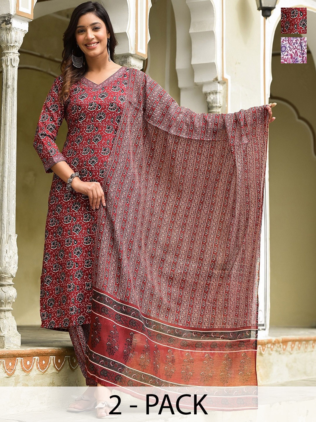 

KALINI Selection Of 2 Floral Printed V-Neck Straight Kurtas With Trousers & Dupattas, Maroon