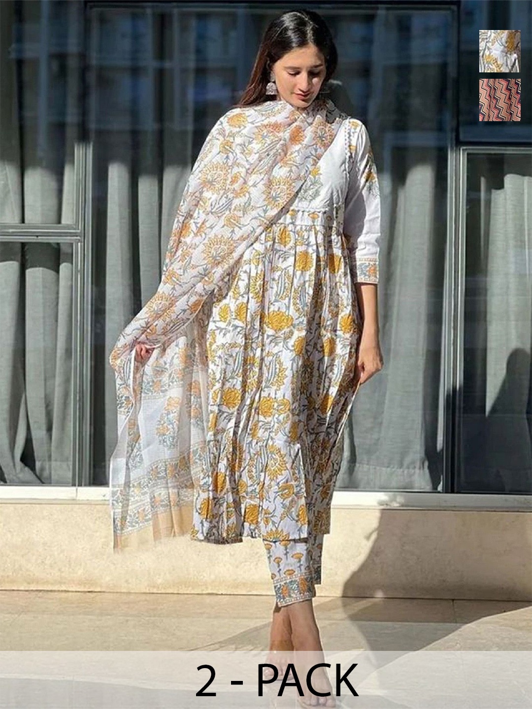 

KALINI Selection Of 2 Floral Printed A-Line Kurtas With Trousers & Dupattas, White