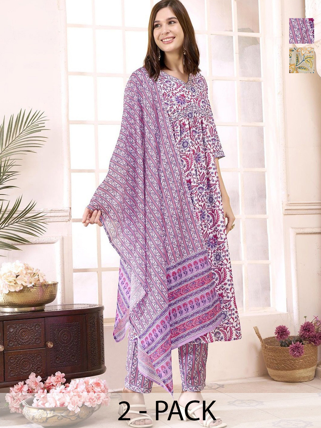 

KALINI Selection Of 2 Floral Printed V-Neck A-Line Kurtas With Trousers & Dupattas, White