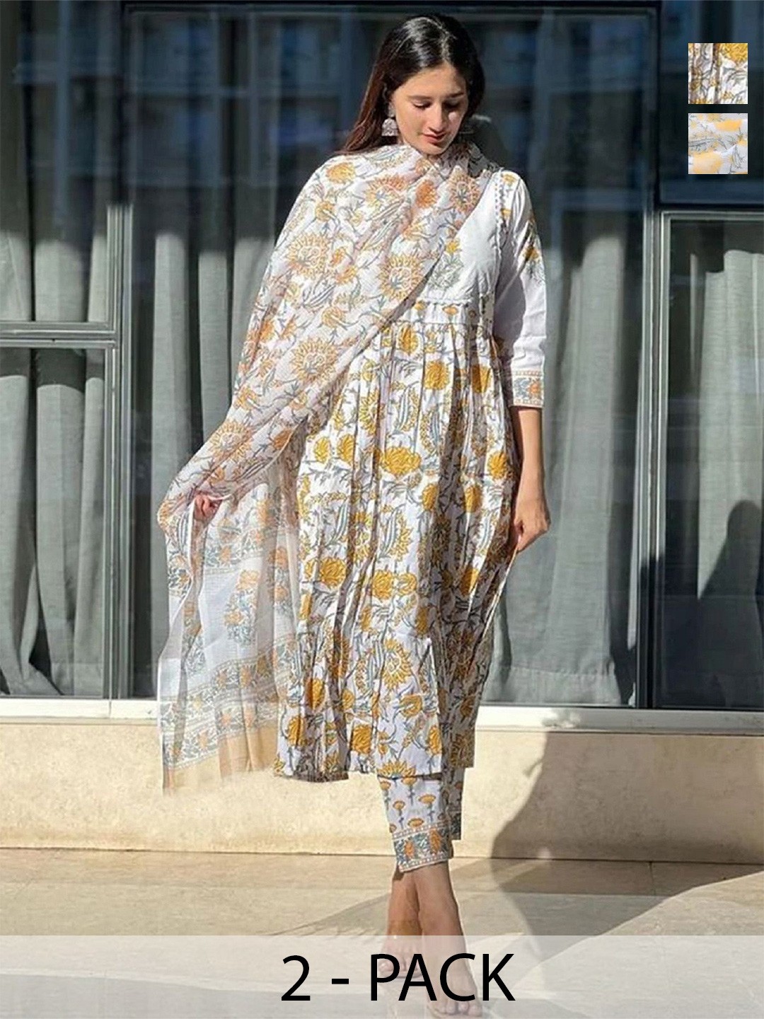 

KALINI Selection Of 2 Floral Printed Round Neck Anarkali Kurta with Trousers And Dupatta, White