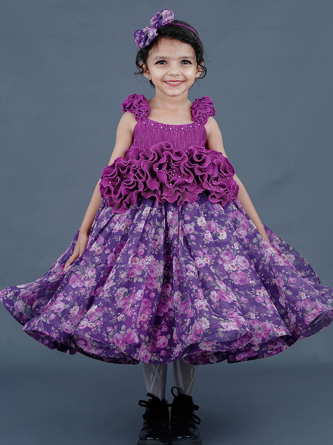 Li & Li Boutique Girls Floral Satin A-Line Midi Dress, Purple