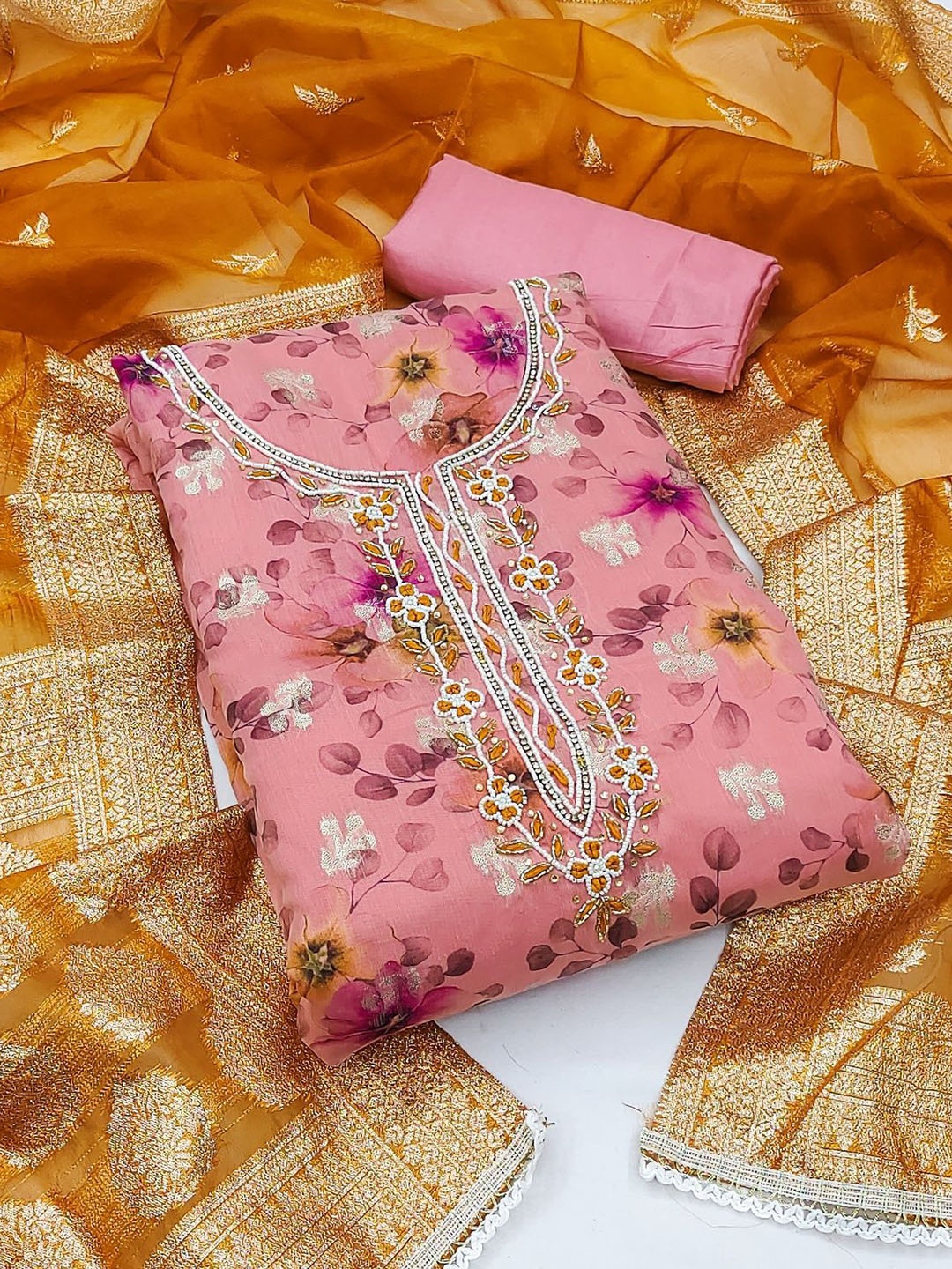 

NEGRONI Floral Printed Beads and Stones Pure Silk Unstitched Dress Material, Pink