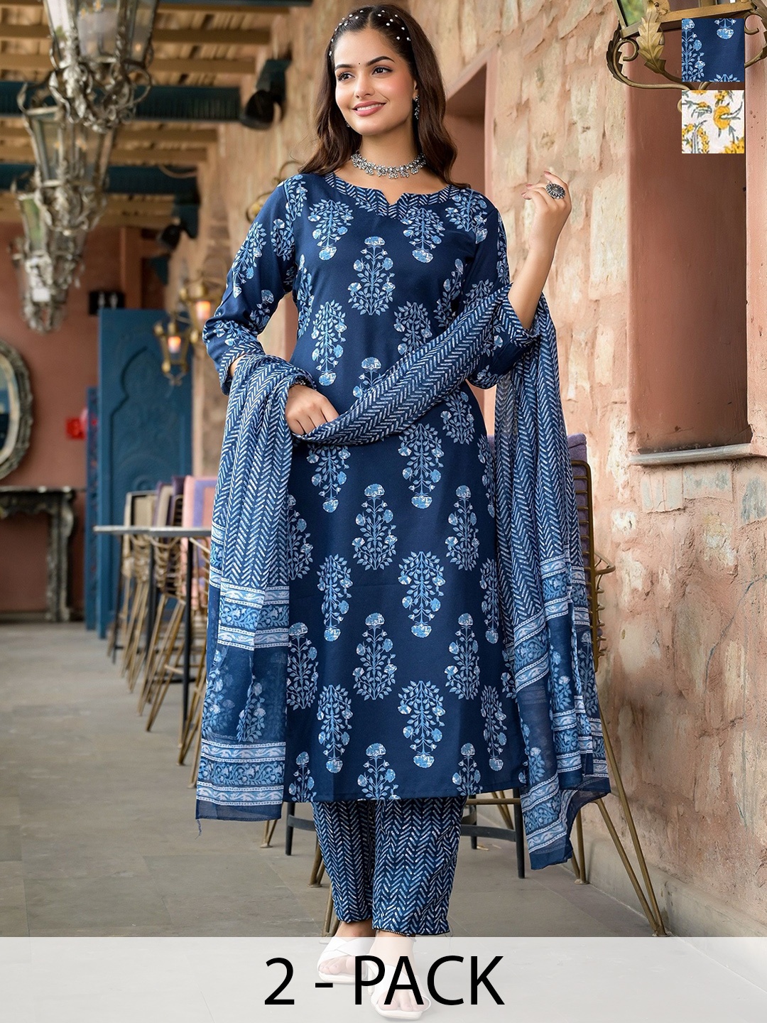 

KALINI Selection Of 2 Ethnic Motifs Printed Notch Neck Kurtas with Trousers And Dupattas, Blue