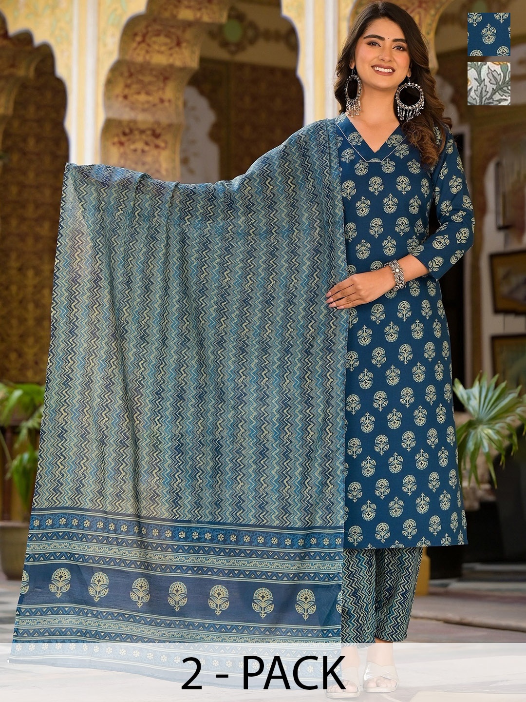 

KALINI Selection Of 2 Floral Printed V Neck Kurtas with Trousers And Dupattas, Blue