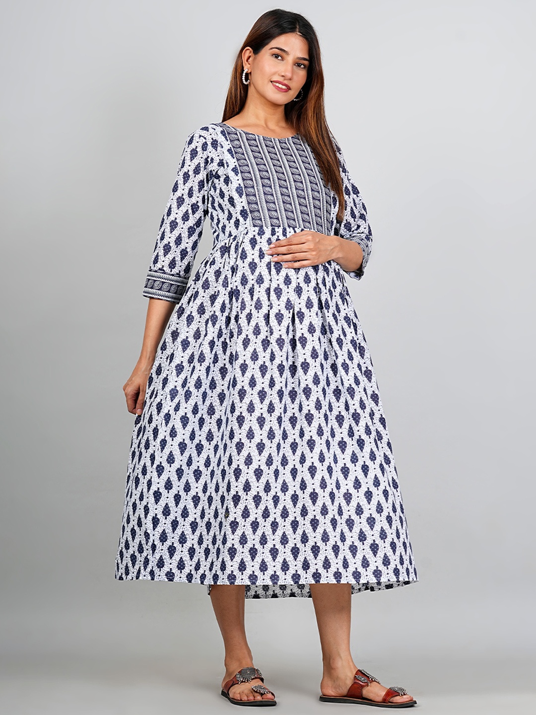 

Kaheksa Women Cotton Ethnic Motifs Print Maternity Gown Midi Dress, White