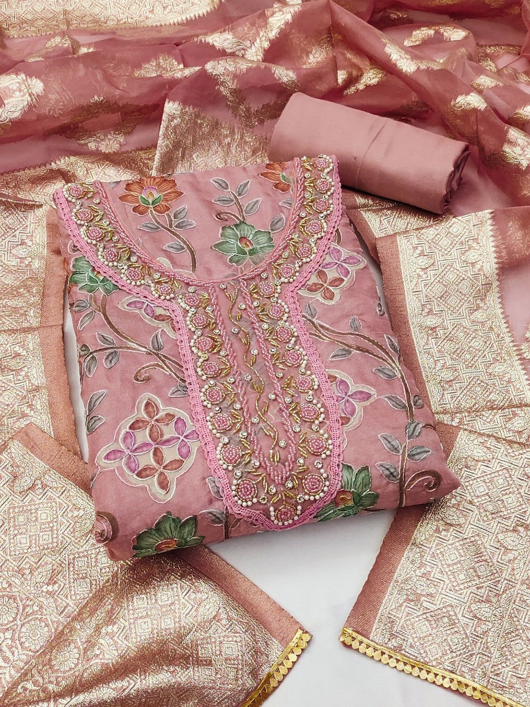 

NEGRONI Floral Printed Beads and Stones Organza Unstitched Dress Material, Pink
