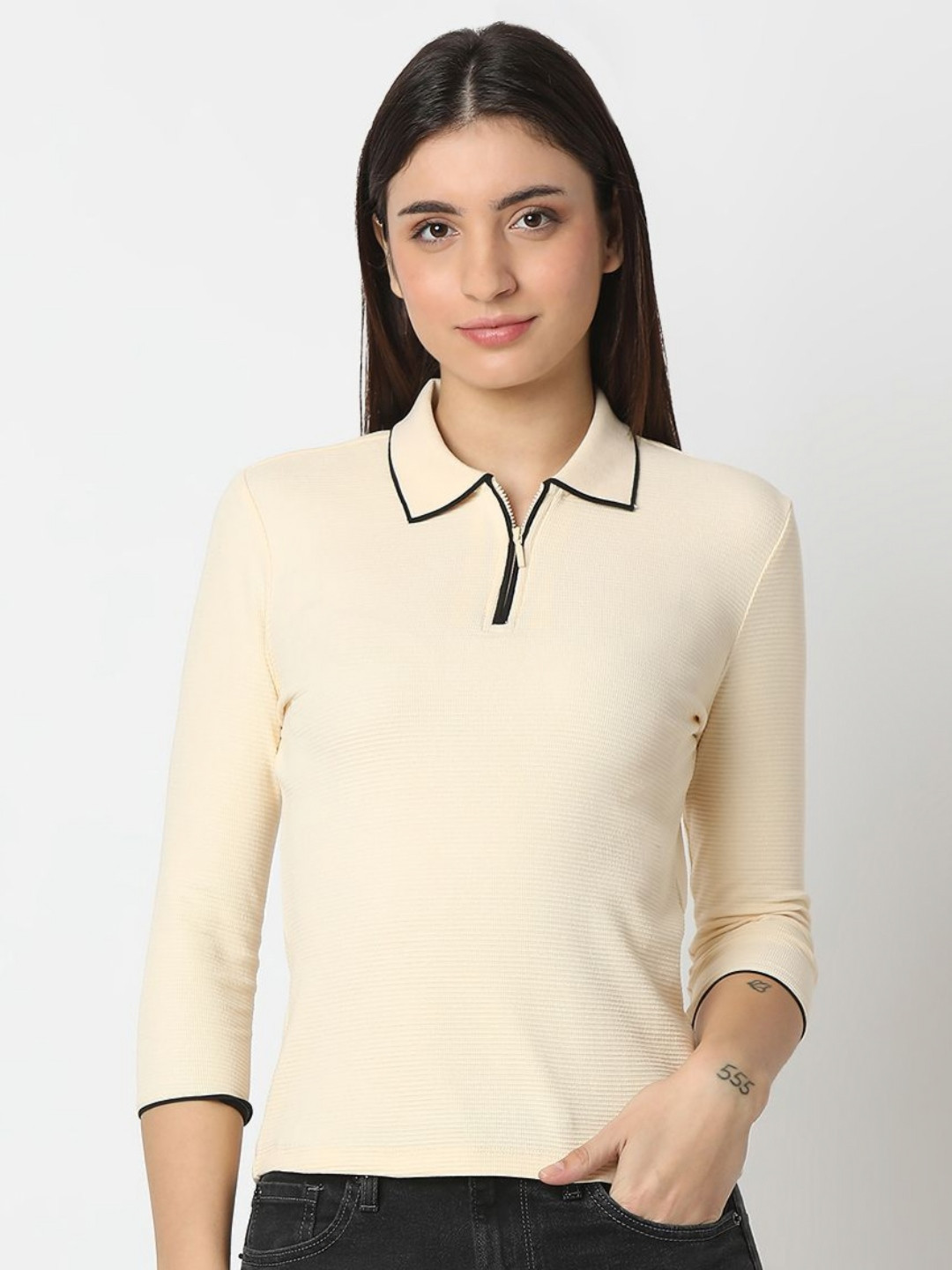 

SPYKAR Women Solid Polo Collar Slim Fit Cotton T-shirt, Beige