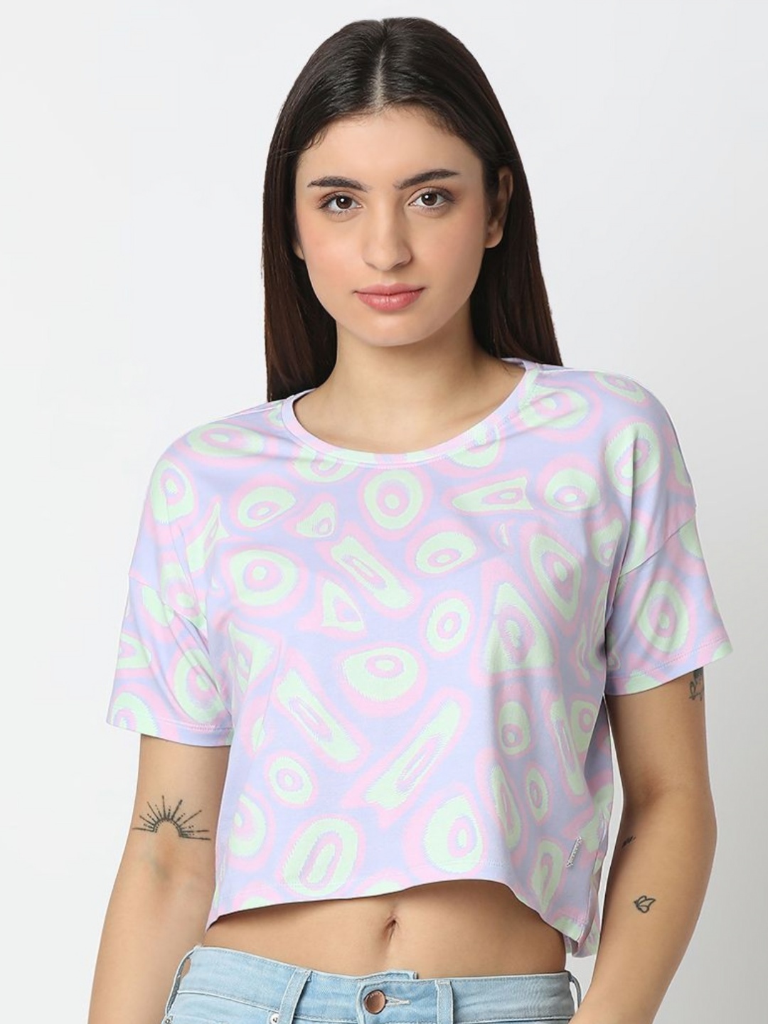 

SPYKAR Women Abstract Printed Round Neck Cotton T-shirt, Blue