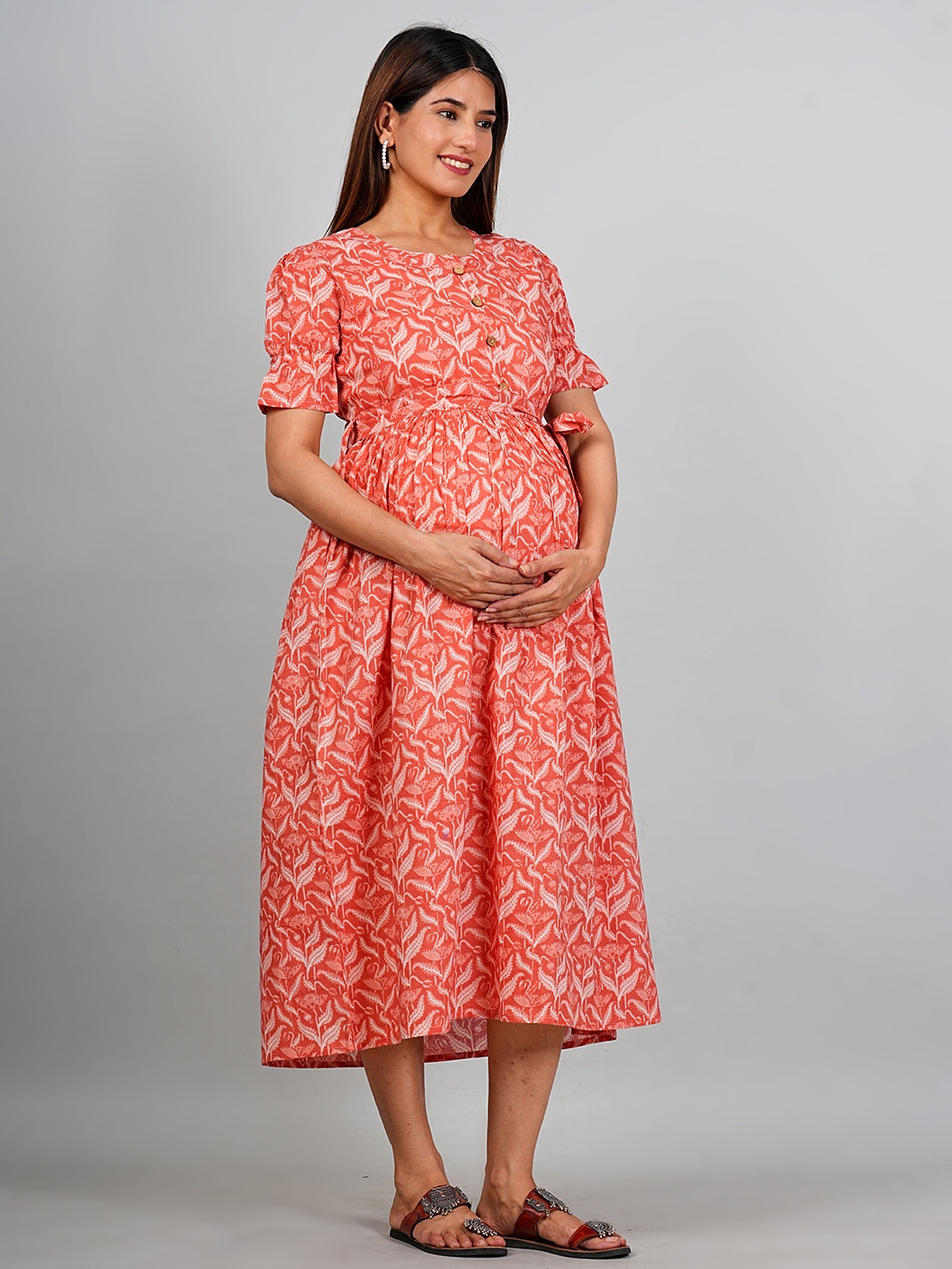 

Kaheksa Women Printed Maternity Gown Midi Dress, Pink