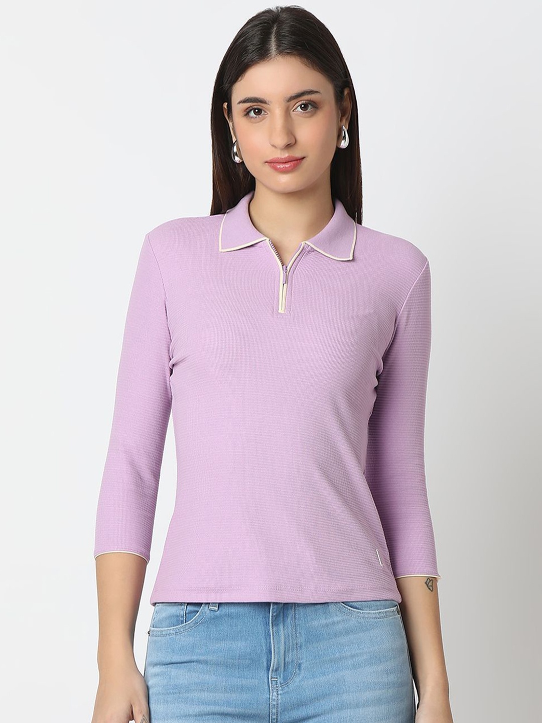 

SPYKAR Women Solid Polo Collar Cotton T-shirt, Purple