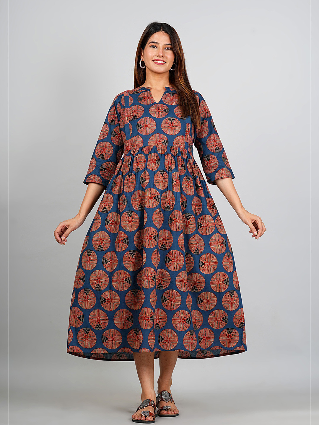 

Kaheksa Women Ethnic Motifs Printed Cotton Maternity Fit and Flare Midi Dress, Blue