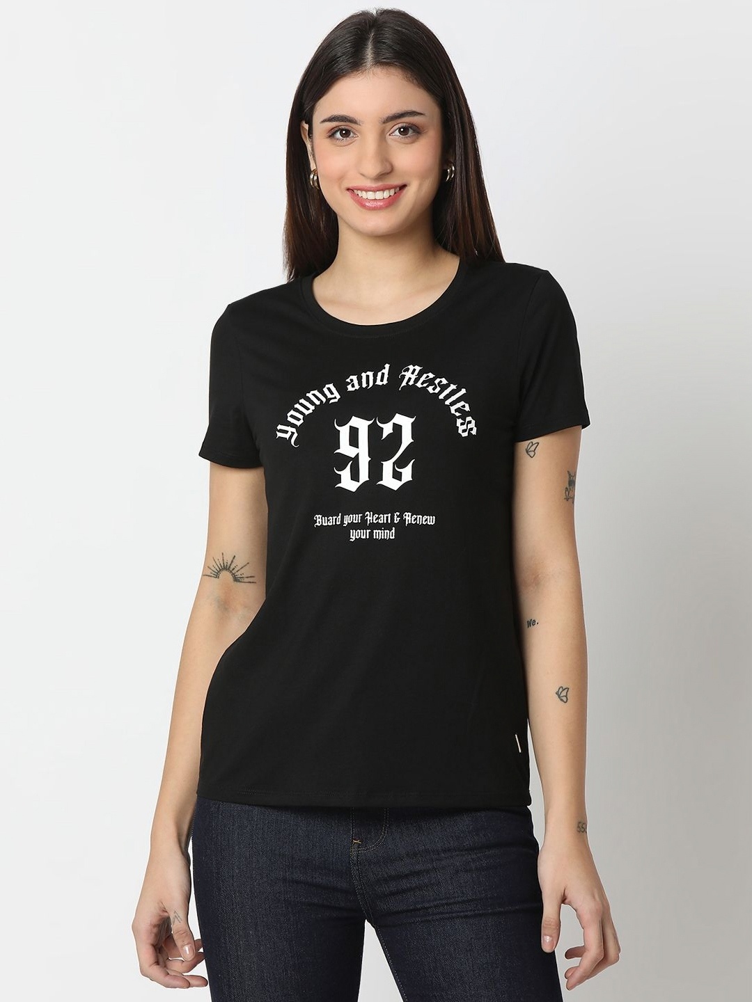 

SPYKAR Women Typography Printed Round Neck Cotton T-shirt, Black