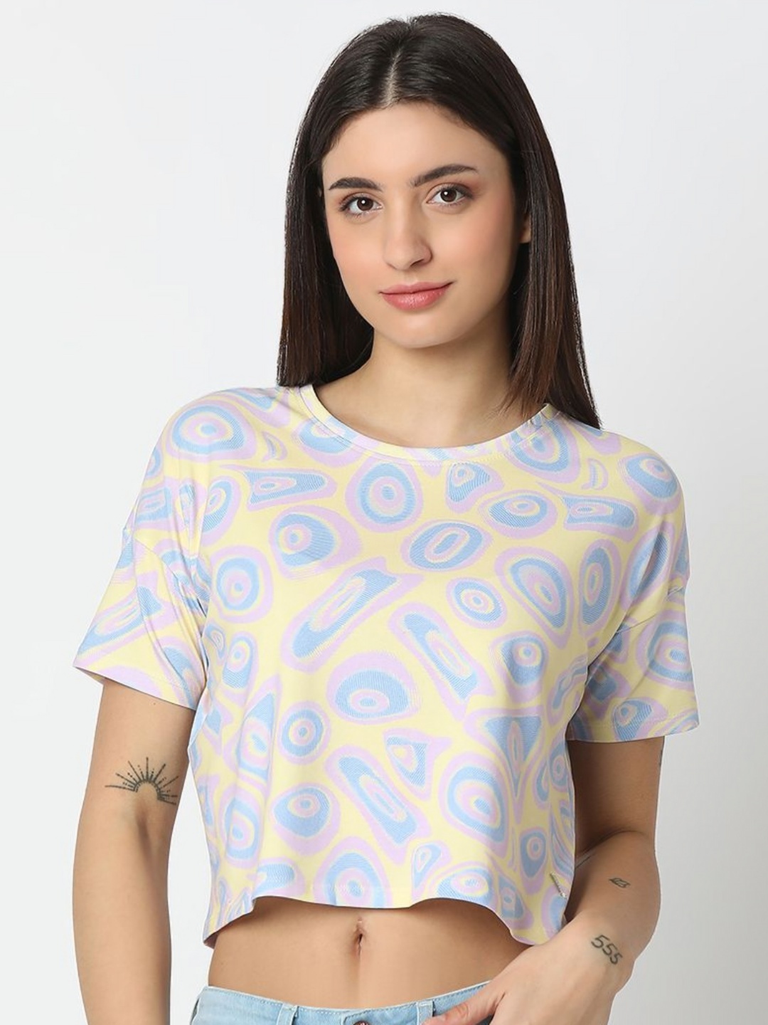 

SPYKAR Women Abstract Printed Round Neck Cotton T-shirt, Blue