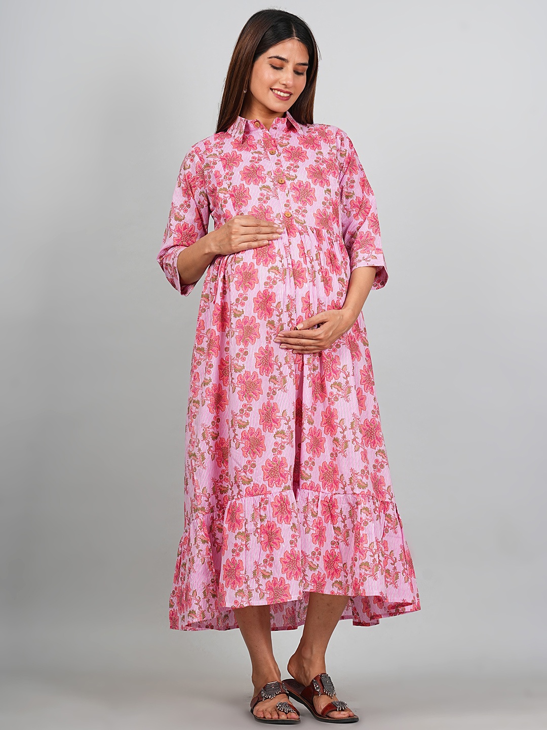 

Kaheksa WomenFloral Printed Gathered Maternity Cotton A-Line Midi Dress, Pink