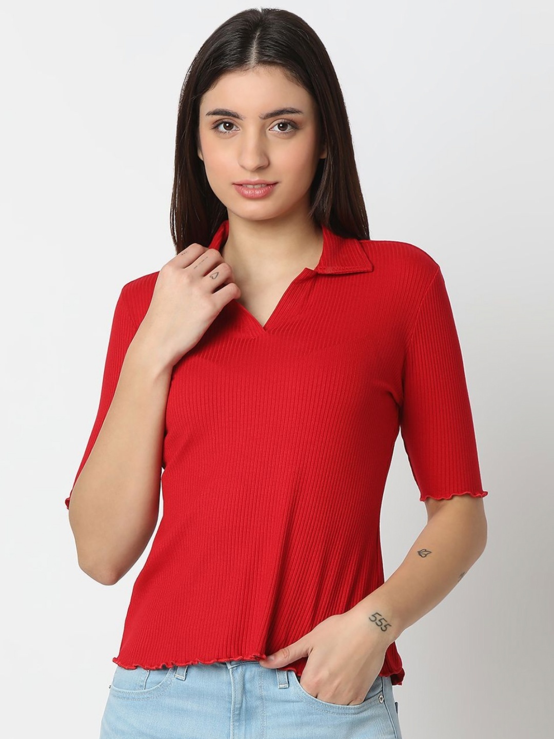 

SPYKAR Women Self Design Polo Collar T-shirt, Red