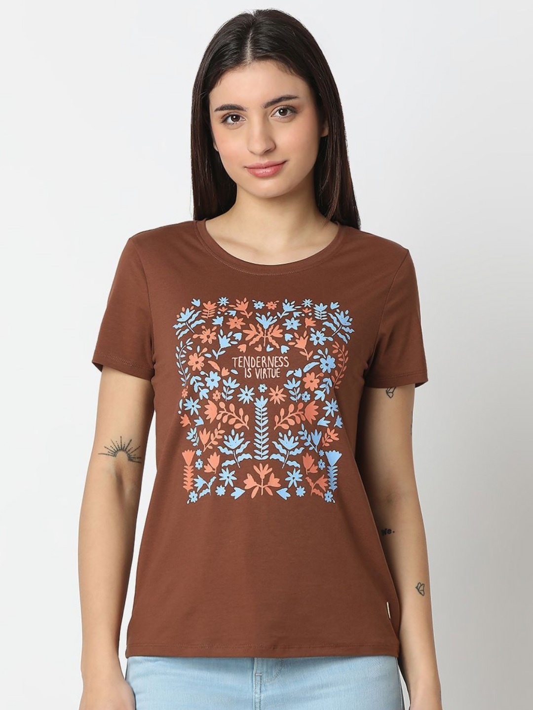 

SPYKAR Women Floral Printed Round Neck Cotton T-shirt, Brown