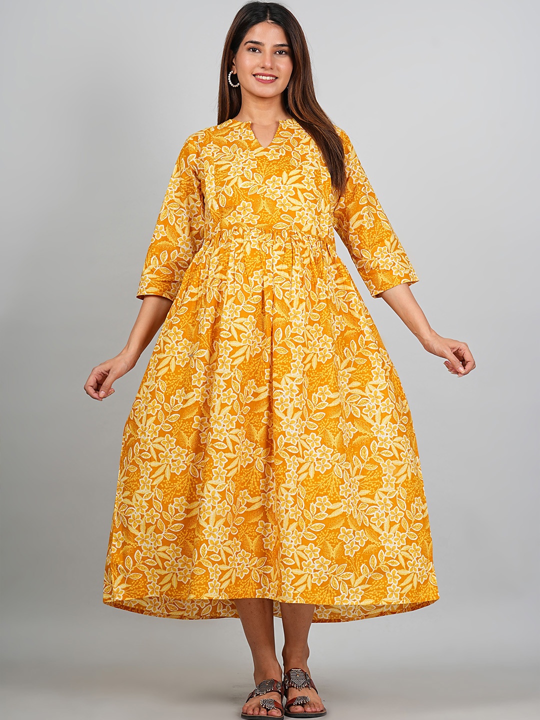 

Kaheksa Women Floral Printed Gathered Maternity Cotton A-Line Midi Dress, Yellow