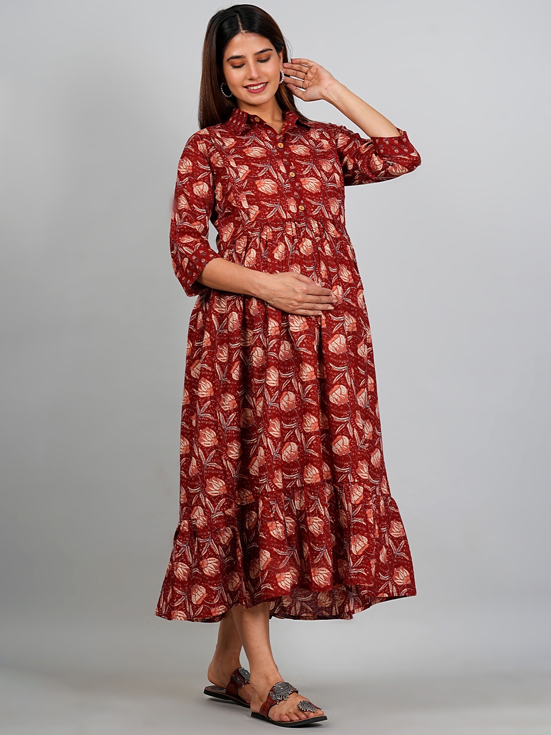 

Kaheksa Women Floral Printed Gathered Maternity Cotton A-Line Midi Dress, Maroon
