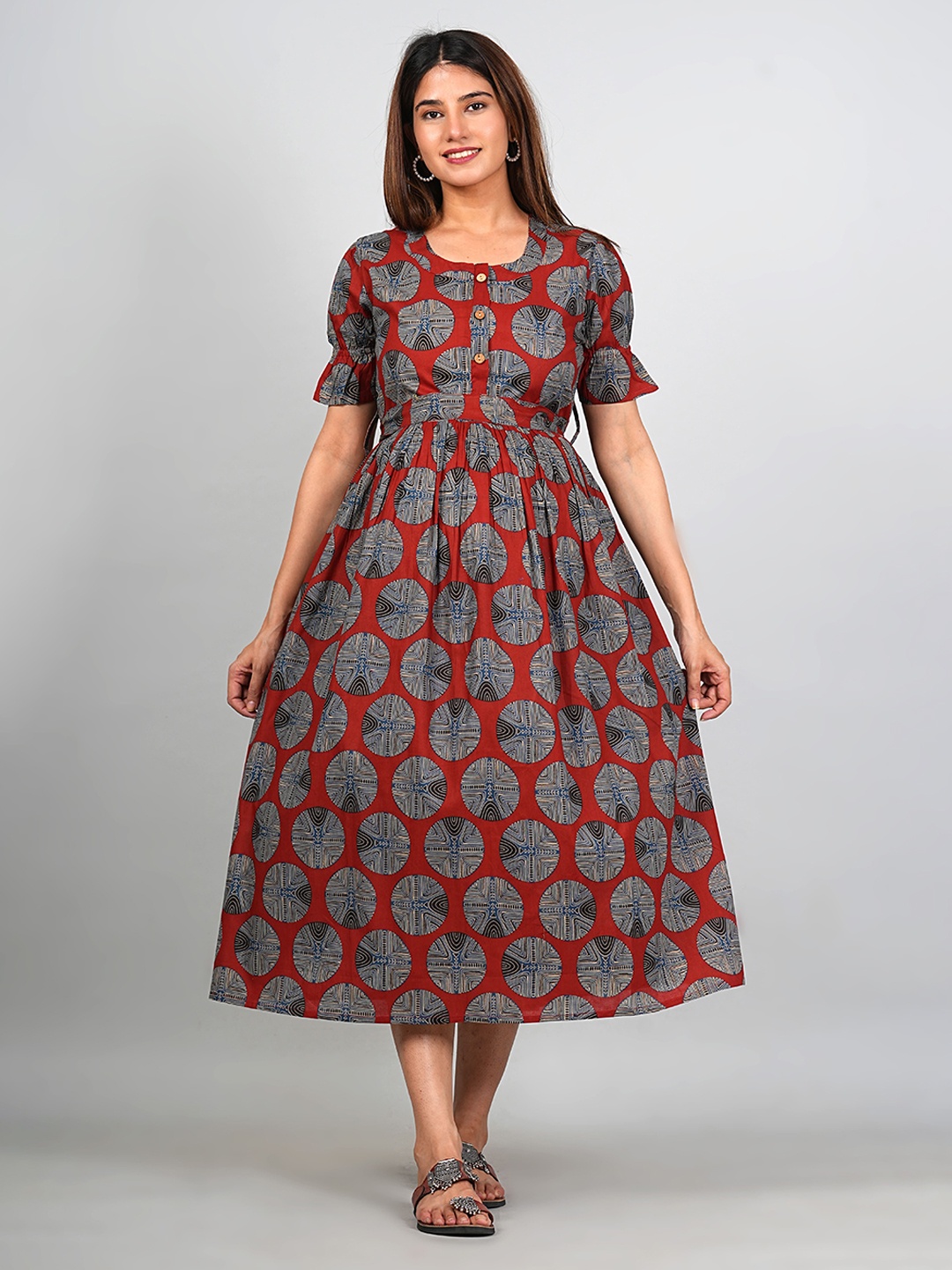 

Kaheksa Printed Cotton Maternity Fit & Flare Midi Dress, Maroon