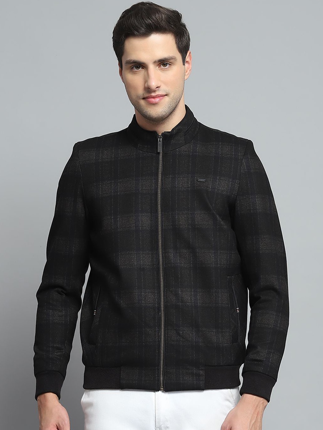 

Monte Carlo Men Mock Collar Checked Casual Lightweight Bomber Jacket, Black