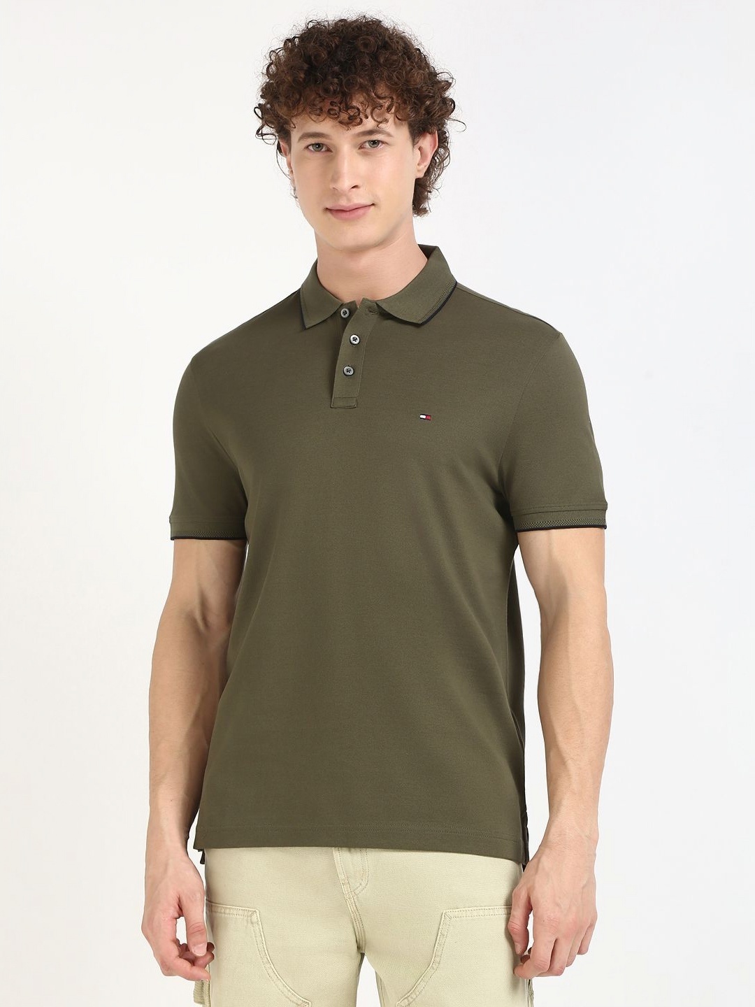 

Tommy Hilfiger Men Solid Polo Collar Cotton T-shirt, Olive