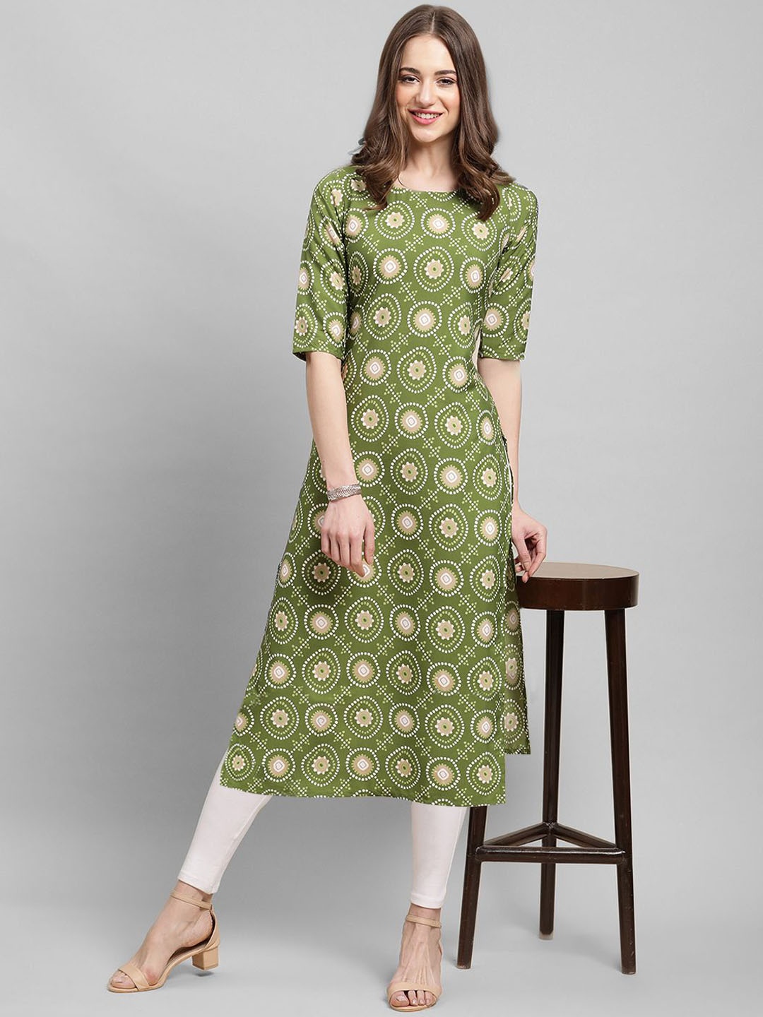 

7Threads Women Ethnic Motifs Printed Floral Crepe Kurta, Olive
