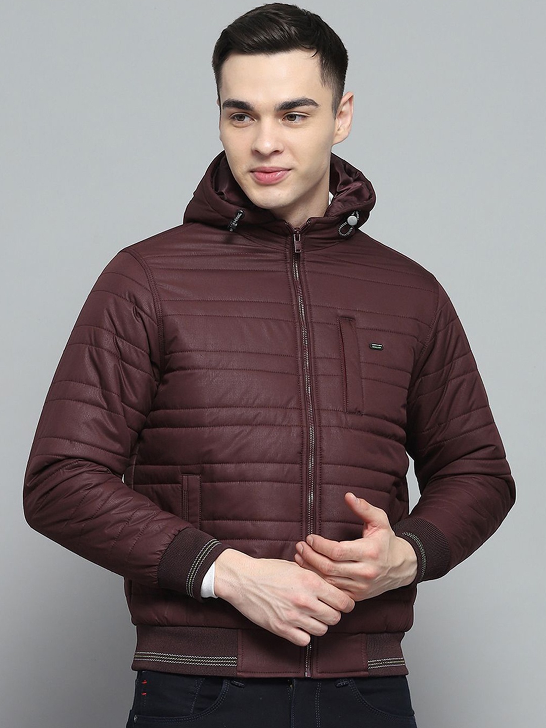 

Monte Carlo Men Hooded Solid Casual Lightweight Bomber Jacket, Maroon