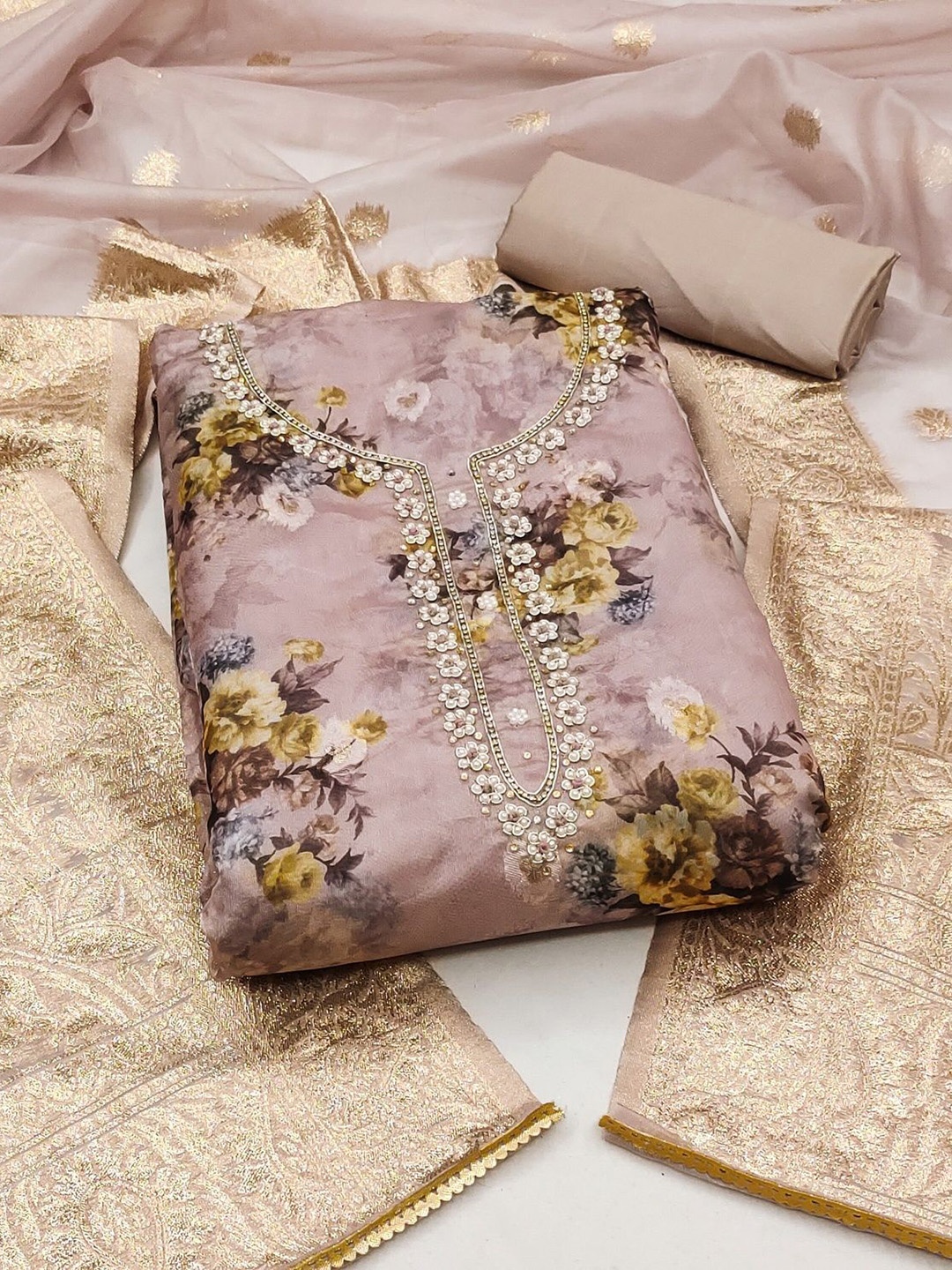 

NEGRONI Floral Printed Beads and Stones Organza Unstitched Dress Material, Lavender