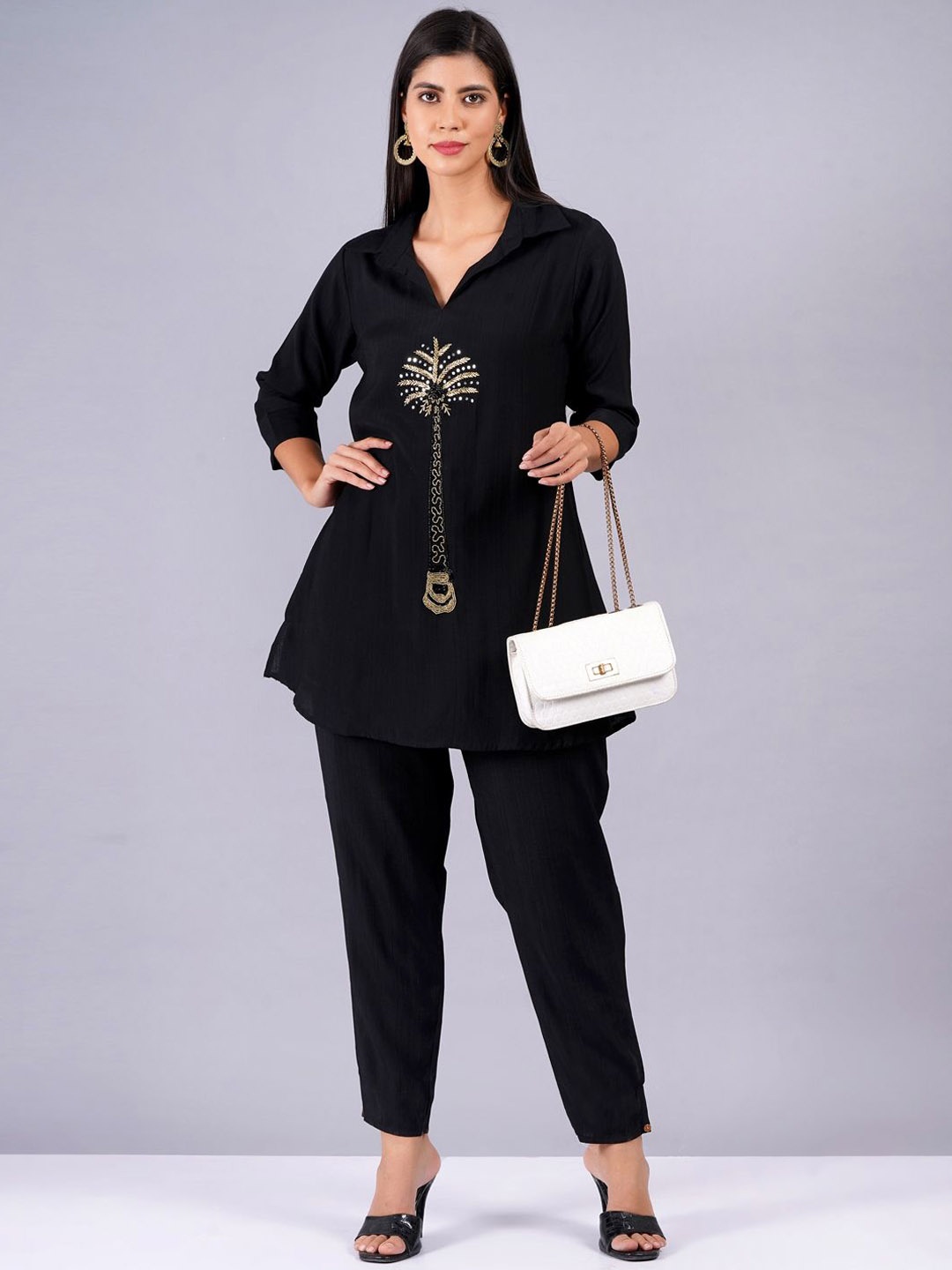 

KALINI Embroidered Shirt Collar Tunic With Trouser, Black
