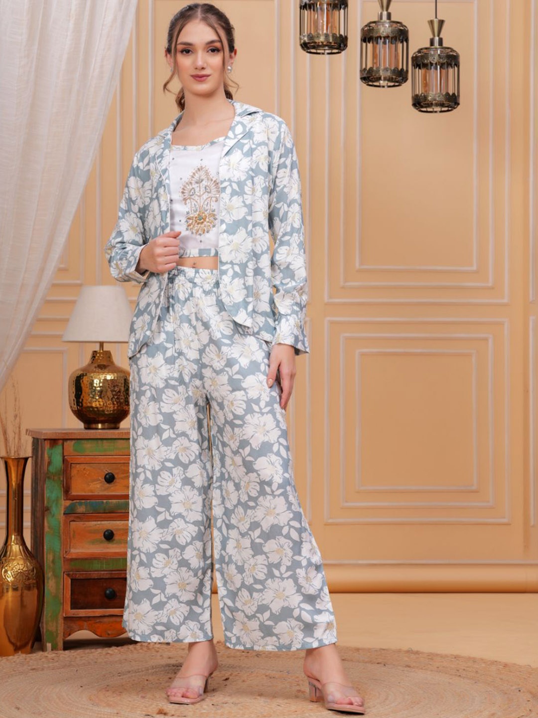 

KALINI Printed Round Neck Pure Cotton Top And Jacket With Trouser, Grey