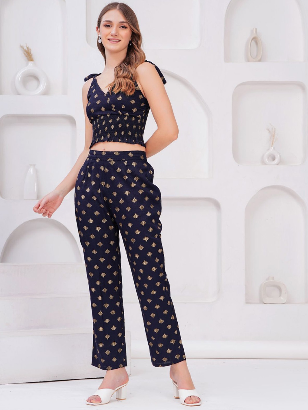 

KALINI Printed V-Neck Top With Trousers, Navy blue