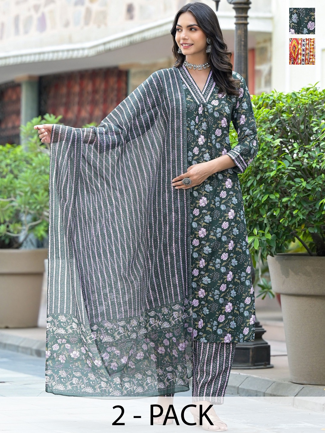 

KALINI Selection Of 2 Floral Printed Straight Kurtas with Trousers And Dupattas, Grey melange