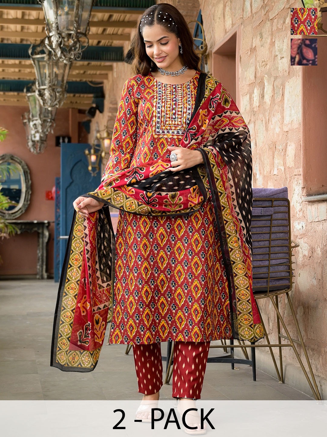 

KALINI Selection Of 2 Ethnic Motifs Printed Mirror Work Kurtas With Trousers & Dupattas, Red