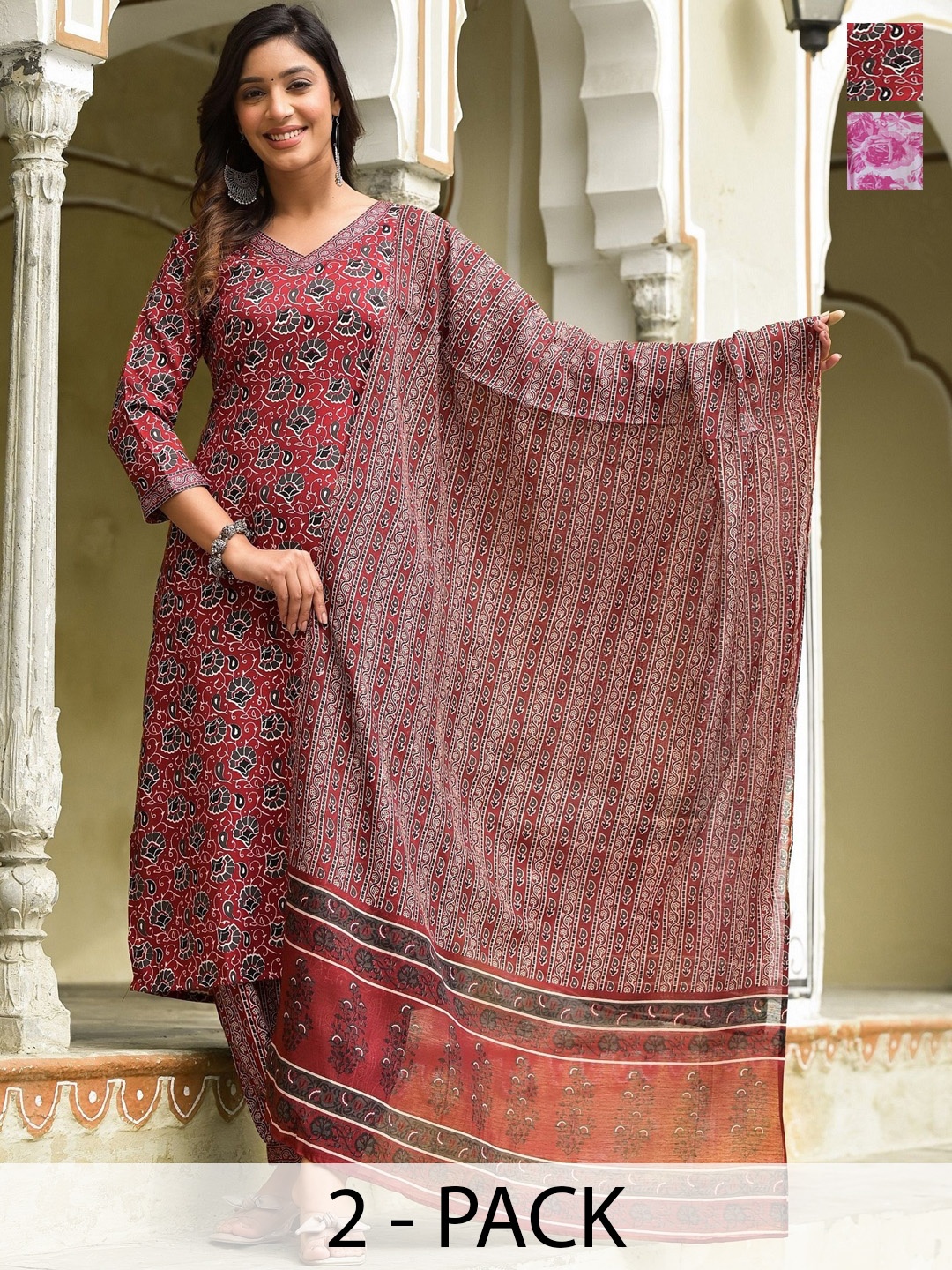 

KALINI Selection Of 2 Ethnic Motifs Printed V-Neck Kurtas With Salwars & Dupattas, Rust