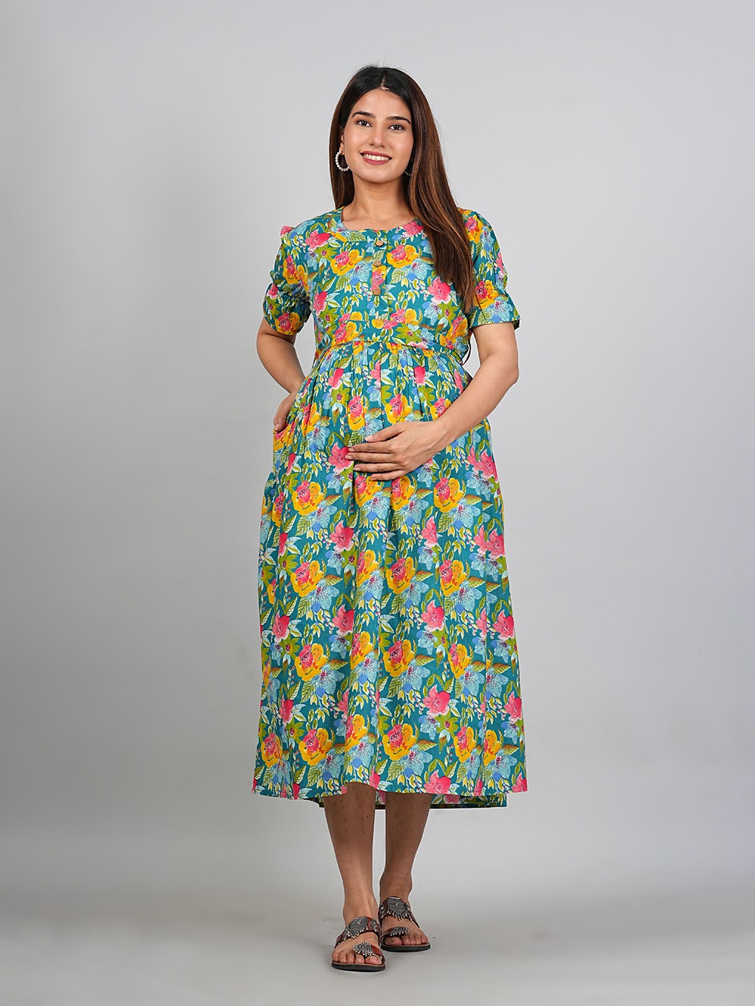 

Kaheksa Women Floral Printed Maternity Gathered Cotton Fit & Flare Midi Dress, Green