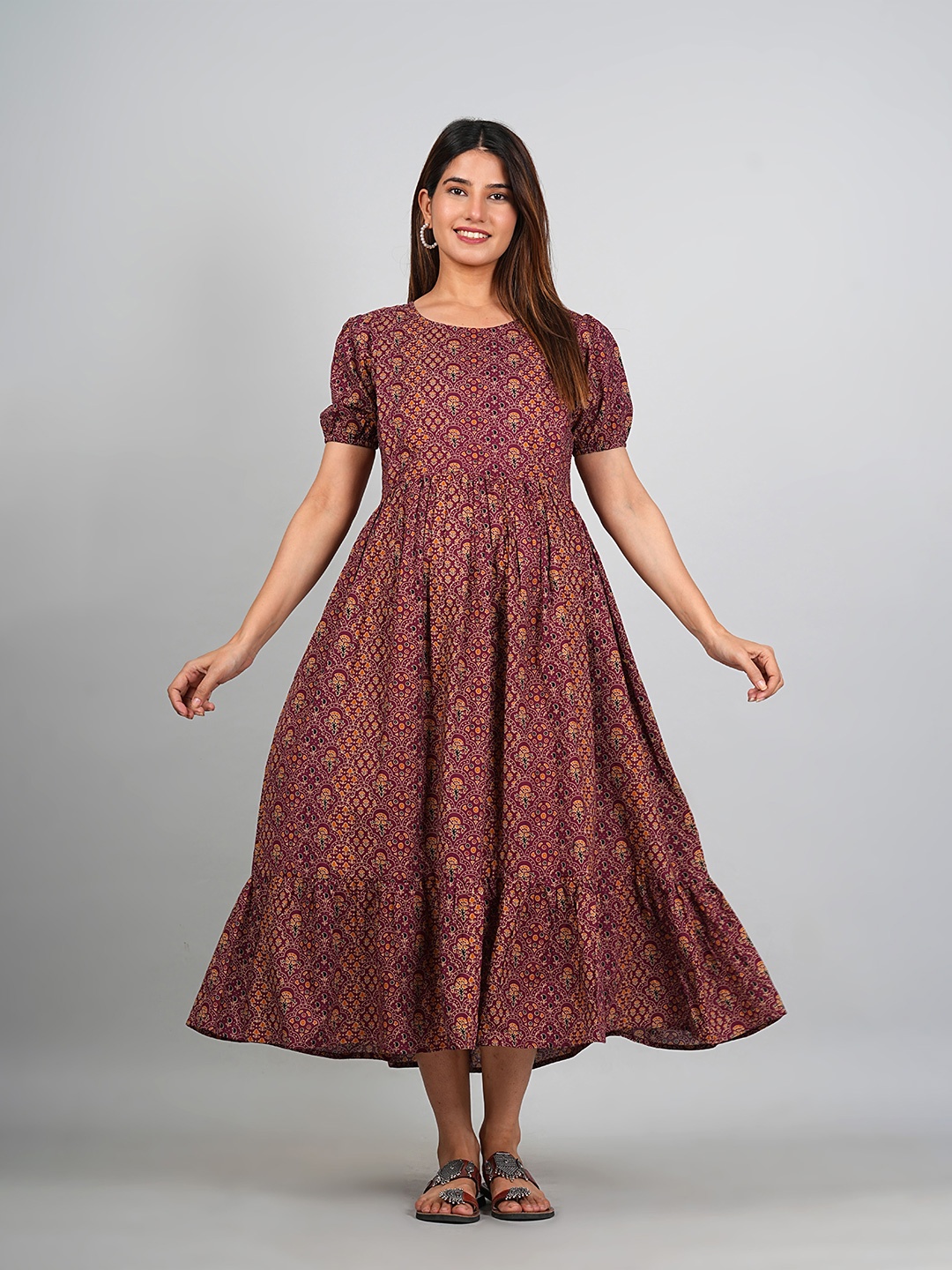 

Kaheksa Women Floral Printed Maternity Cotton Fit and Flare Midi Dress, Maroon