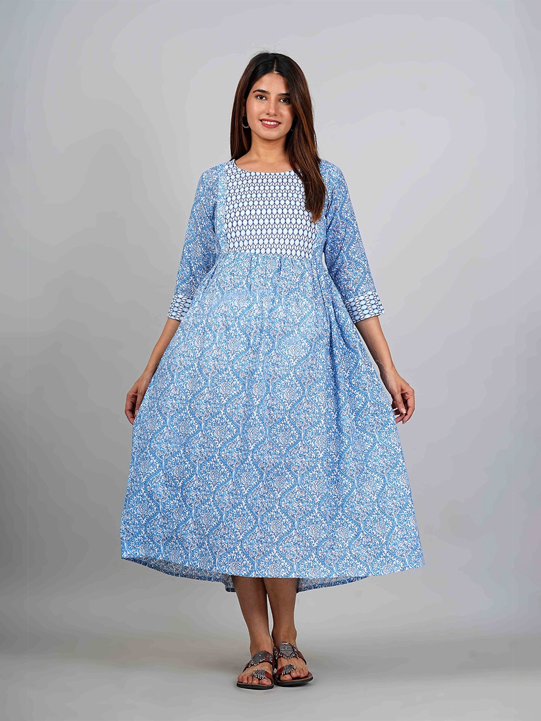 

Kaheksa Women Ethnic Motifs Printed Maternity Cotton A-Line Midi Dress Comes with a belt, Turquoise blue