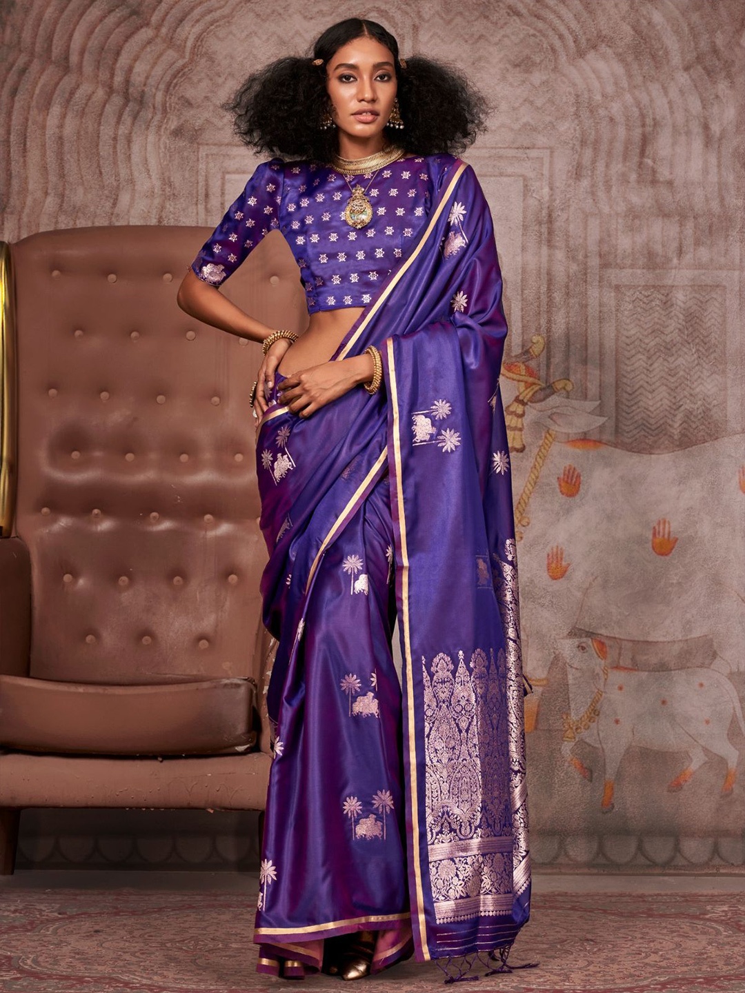 

Odette Purple Satin Woven Saree With Unstitched Blouse For Women