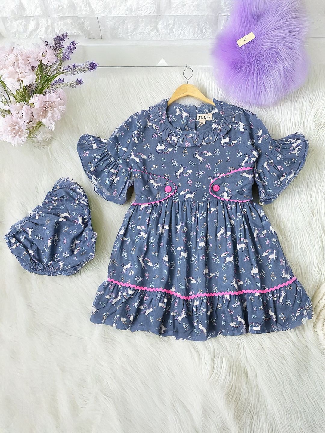 

Bella Moda Girls Floral Printed Ruffles Tiered Cotton Fit and FlareDress, Navy blue