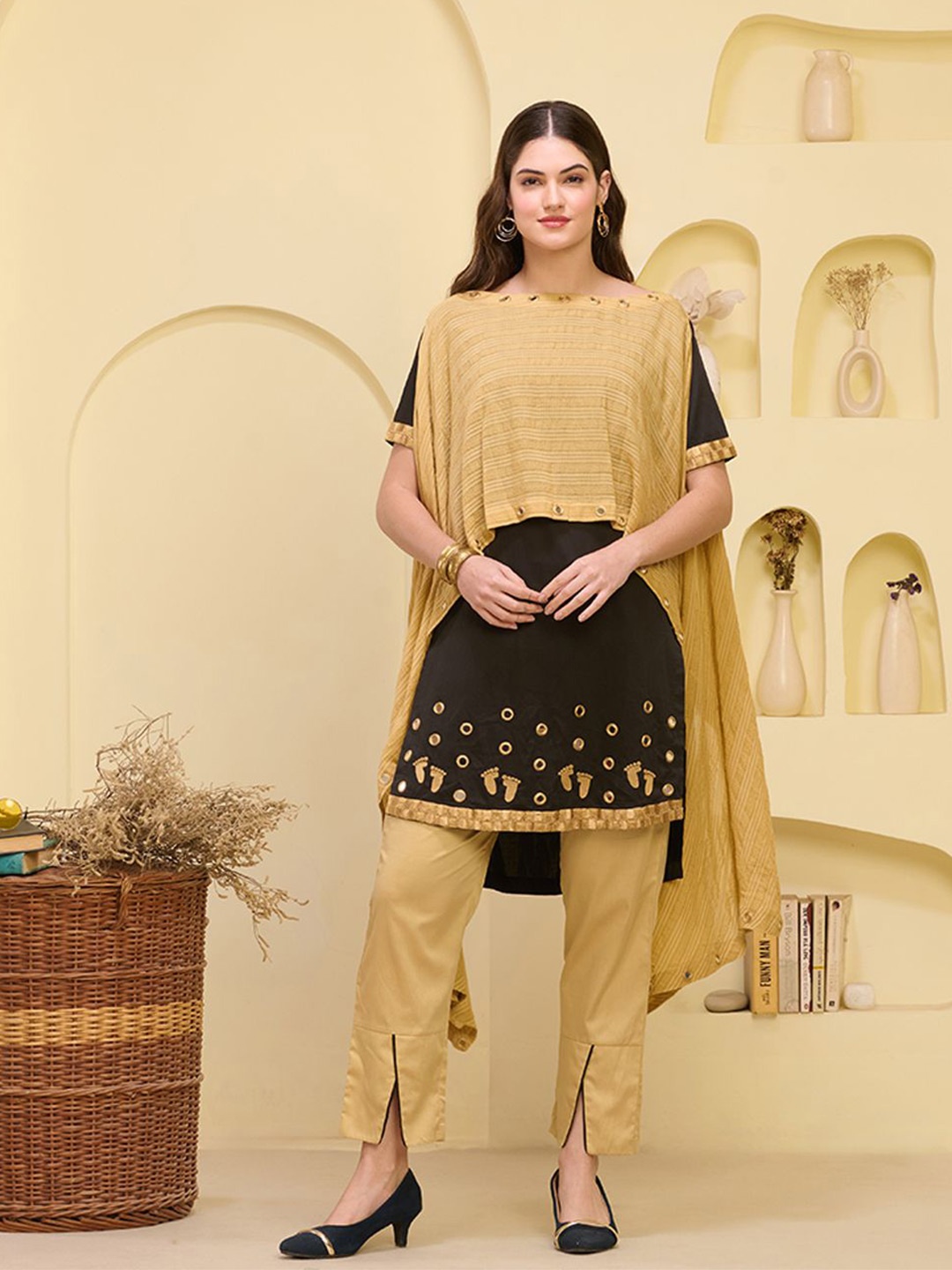 

First Resort by Ramola Bachchan Embroidered Longline Asymmetric Waterfall Cotton Shrug, Gold