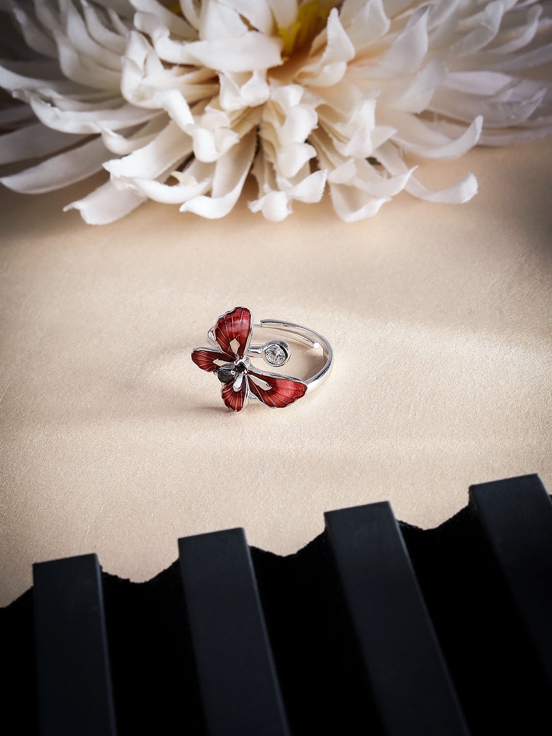 

DIAVO Stones-Studded The Mystic Flutter Butterfly Finger Ring, Silver