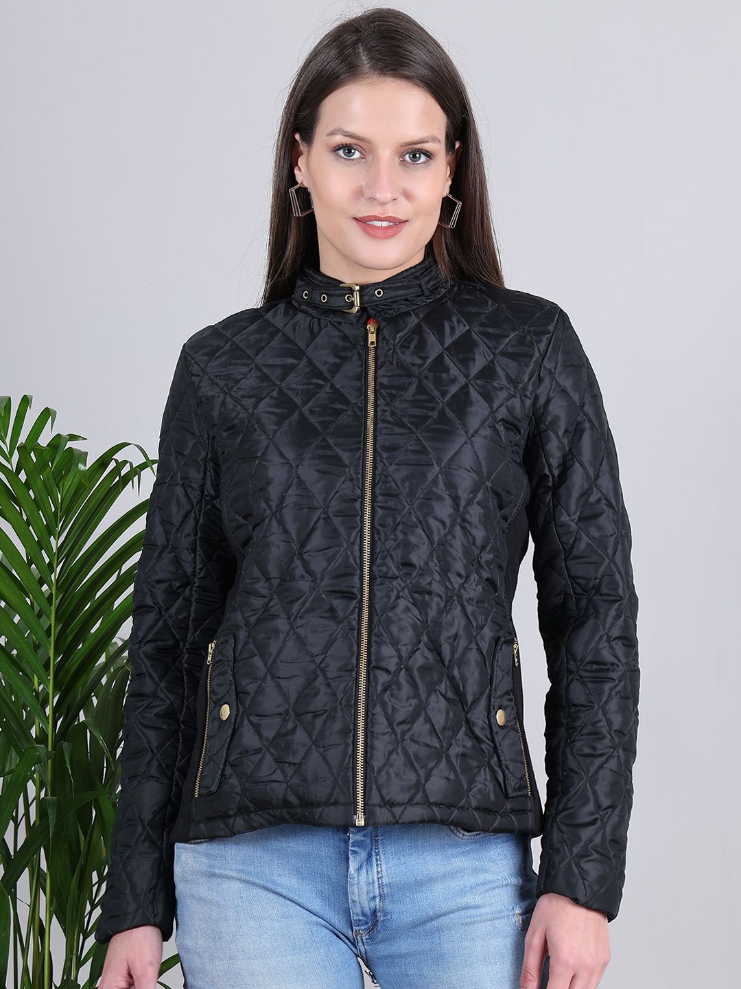 

Purple State Women Mandarin Collar Solid Casual Quilted Jacket, Black