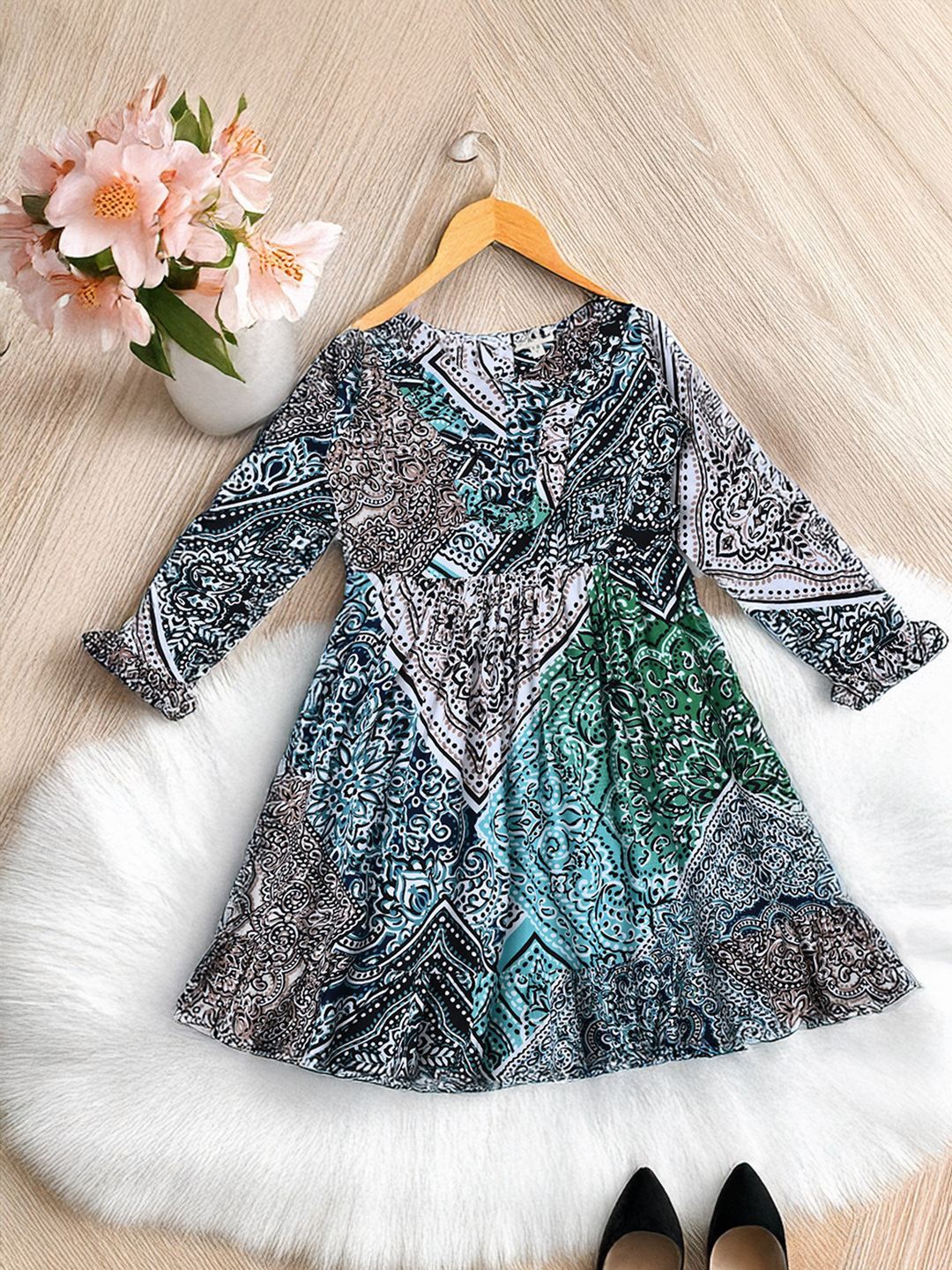 

Bella Moda Girls Printed Round Neck Long Sleeves Fit and Flare Dress, Blue