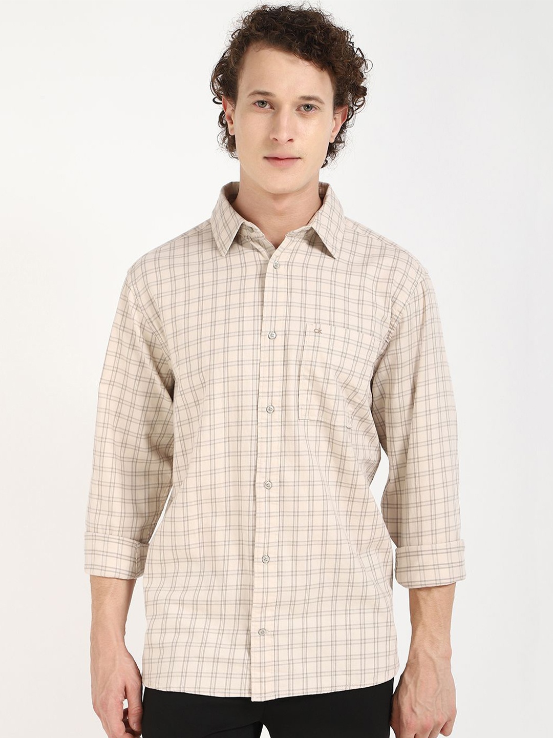 

Calvin Klein Jeans Men Relaxed Fit Spread Collar Tartan Checked Cotton Casual Shirt, Beige